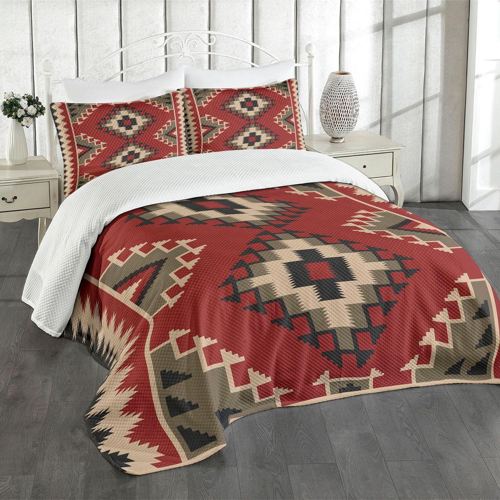 ABAKUHAUS afghanisch Tagesdecke Set, Nahöstliche Folklorepixel-Kunst-Dreieck-afghanische Art-geometrische Illustration, 220 x 220 cm, Mehrfarbig