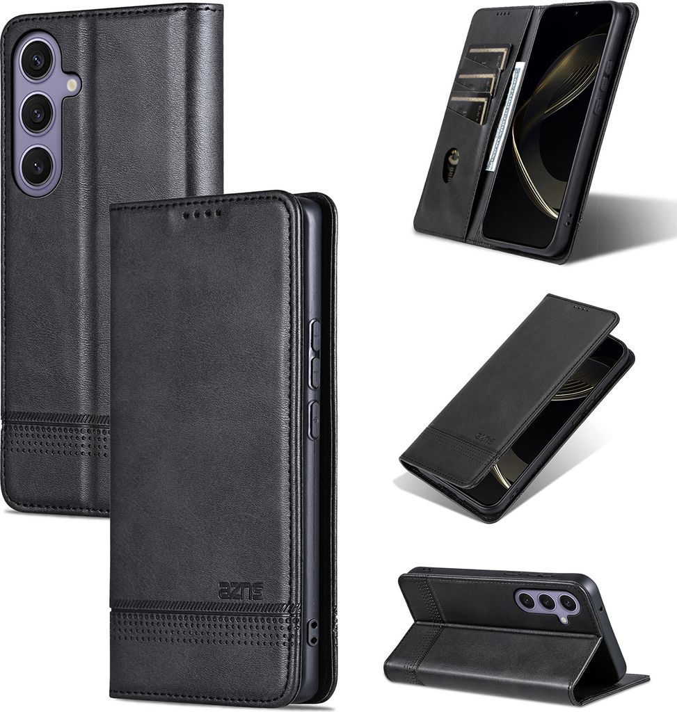 Collage of product images showing a black leather phone case from different angles and in different configurations.