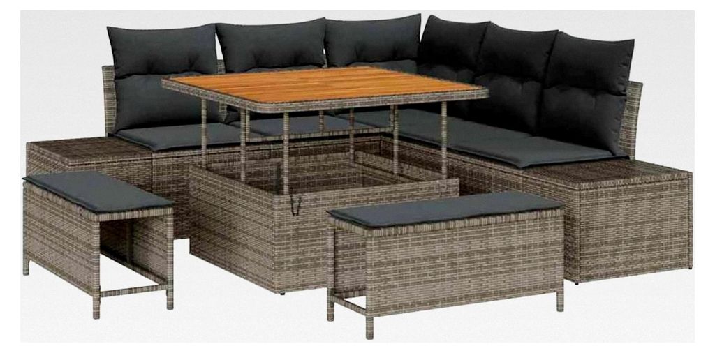 8-teiliges Garten-Sofaset mit Kissen Grau Poly Rattan Akazie Lounge Sofa Outdoor