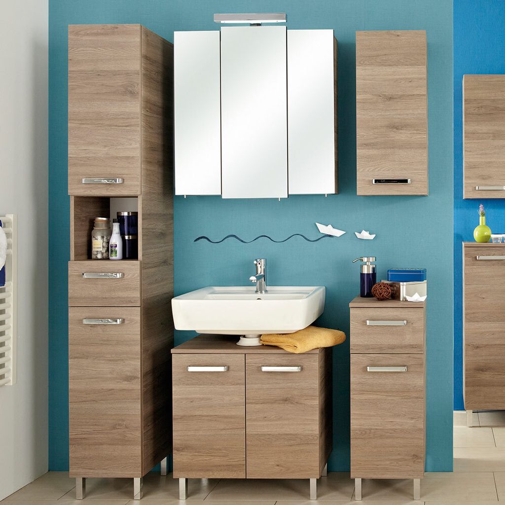 Bad-Set OSTENDE-66 in Sanremo Eiche, mit Waschtisch-Unterschrank und Spiegel - B/H/T: 210/200/33cm