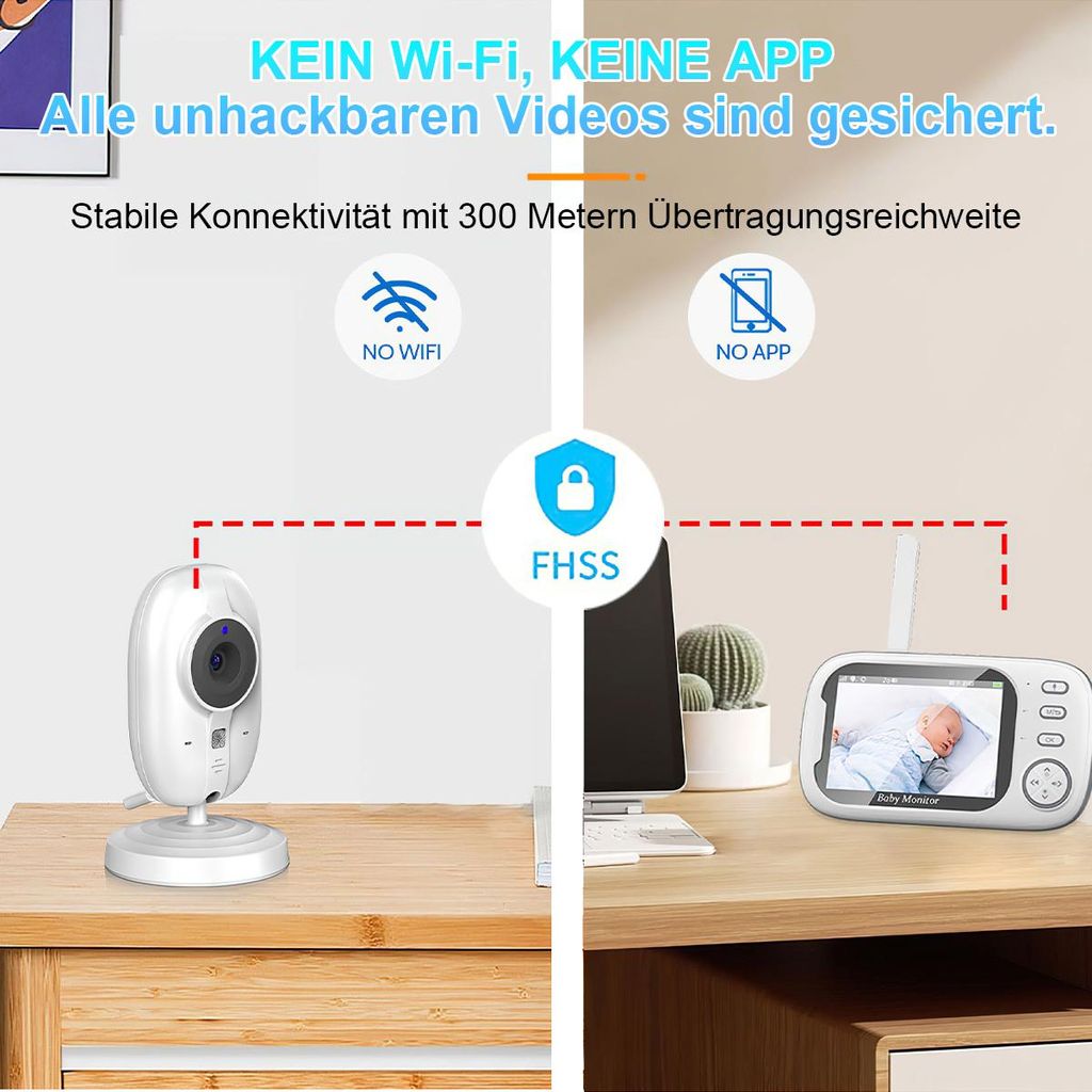Babyphone 3,5" HD Monitor – VOX Sprachsteuerung, Nachtmodus, Fütterungs- & Windelalarm, ohne WLAN, Reichweite bis 300 m