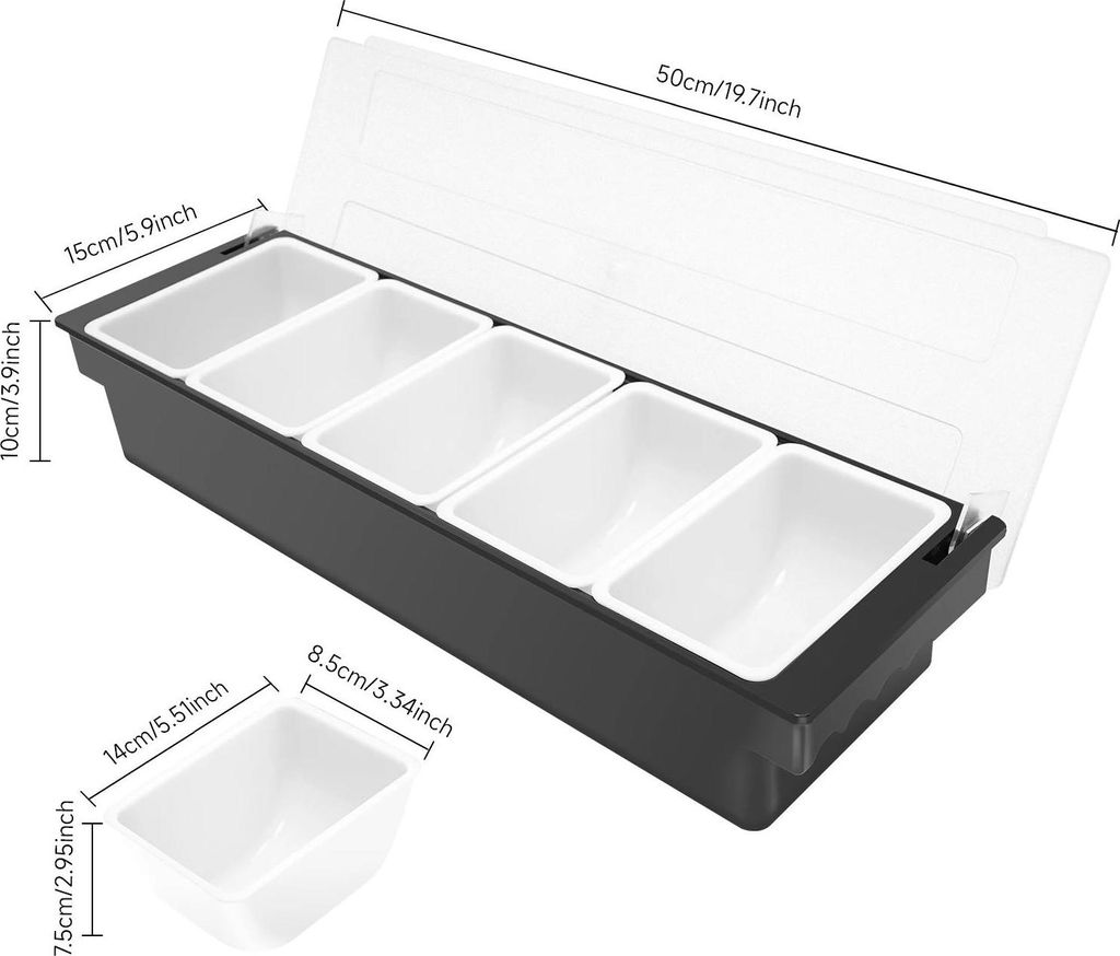 Gewürzspender - Bar-Caddy/Garnierbox - 5 Fächer - Mit Deckel - Lebensmittelechtes ABS - Herausnehmbare Einsätze - 50×15×10 cm - Schwarz/Weiß