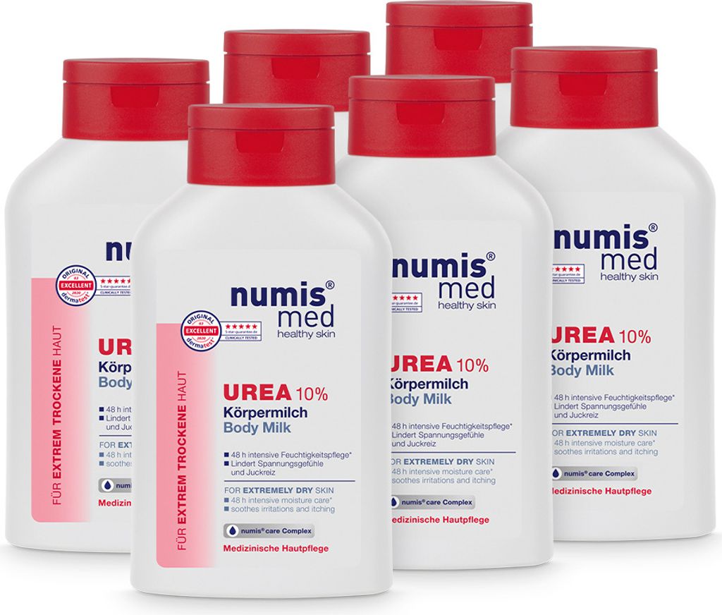 numis med Körpermilch mit 10% Urea - Hautberuhigende Bodylotion für trockene, zu Juckreiz neigende Haut 6x 300 ml