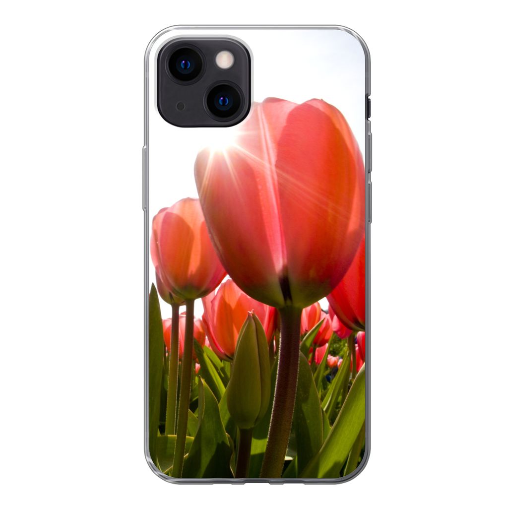 MuchoWow Handyhülle Schutzhülle Hülle für iPhone 13 mini Blumen - Tulpen - Sonne Silikon Softcase Handy Hülle - Softcase
