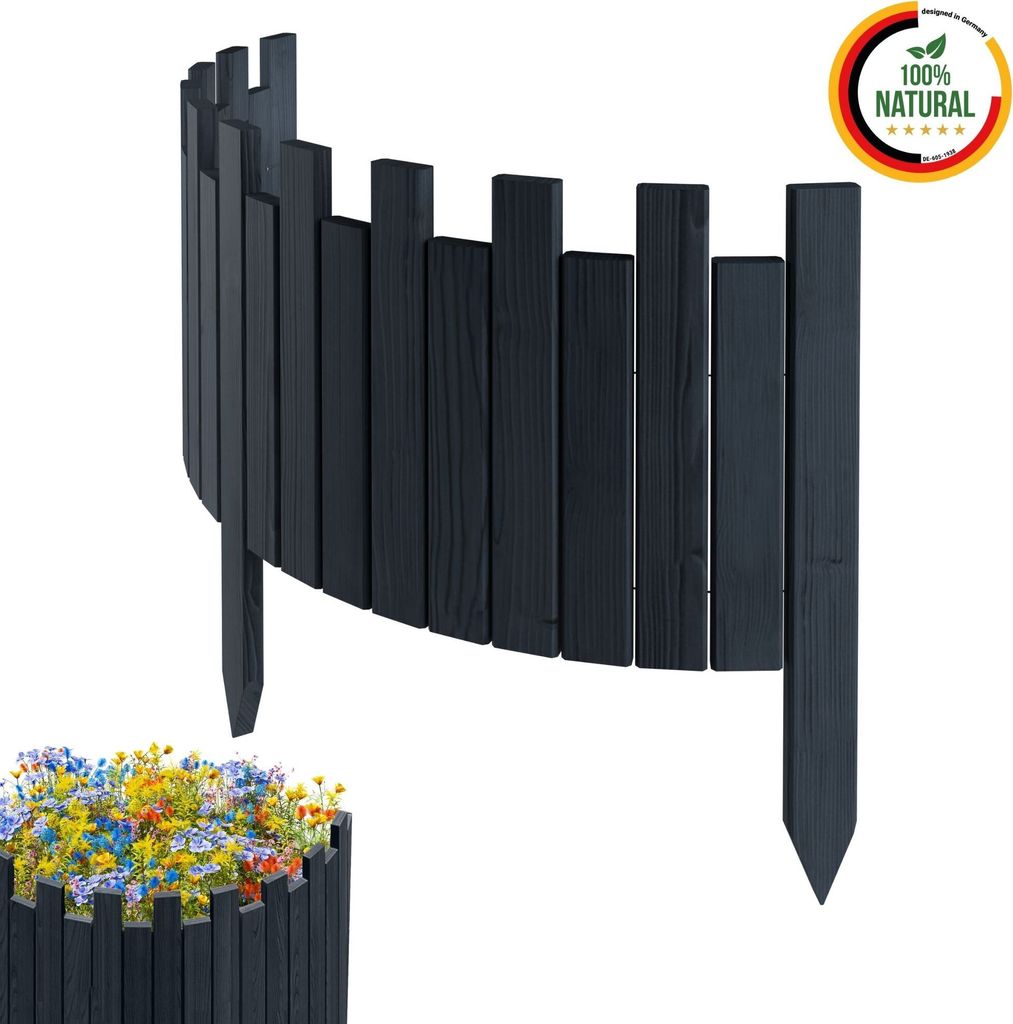Floranica Beeteinfassung Rasenkante Holz Rollzaun Holzzaun 100 x 30 cm Antrazit imprägniert Flexible Rollborder Palisade Gartenzaun