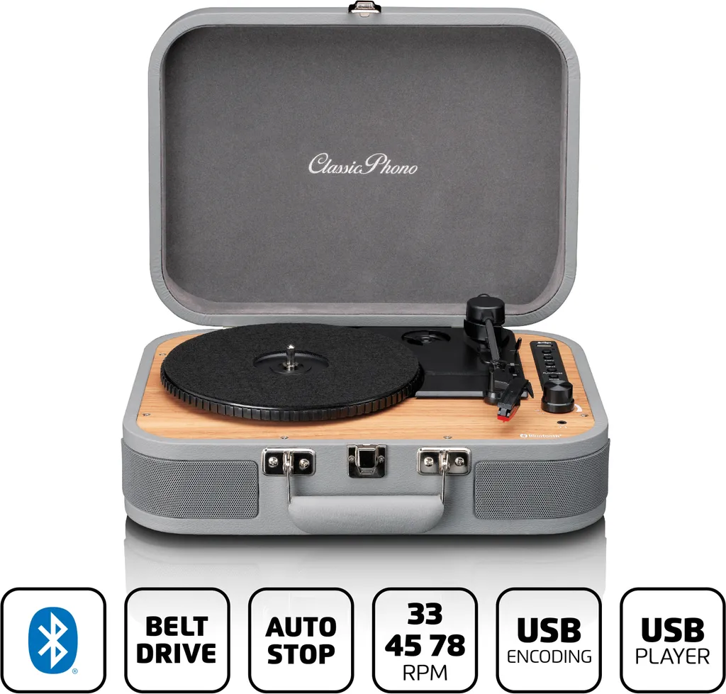 Tourne-disque Bluetooth Classic Phono TT-116GY Gris avec Haut-parleurs