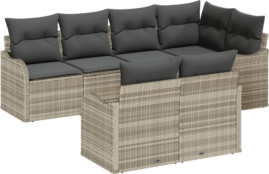Möbel 7-teiliges Garten-Sofa-Set mit Kissen Hellgrau Poly-Rattan, 2-Sitzer Garten-Sofa mit Kissen Hellgrau Poly-Rattan - Gartensofas 3345742