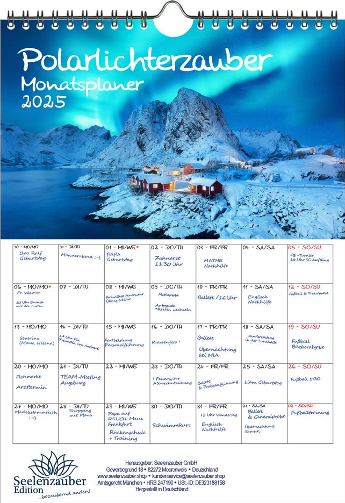 Polarlichterzauber Planer DIN A4 Kalender für 2025 Polar Nordlichter - Seelenzauber