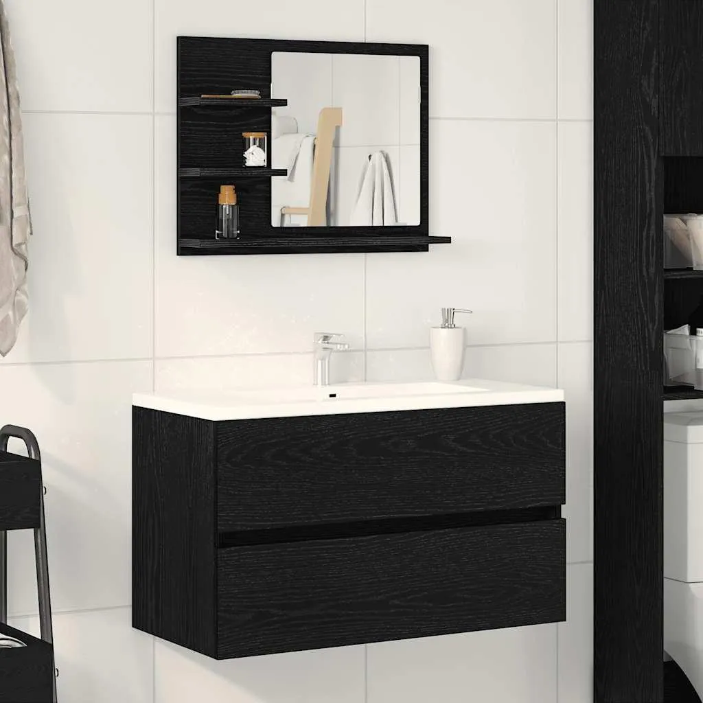 Miroir de salle de bain 60 cm noir bois composite avec tablette chêne