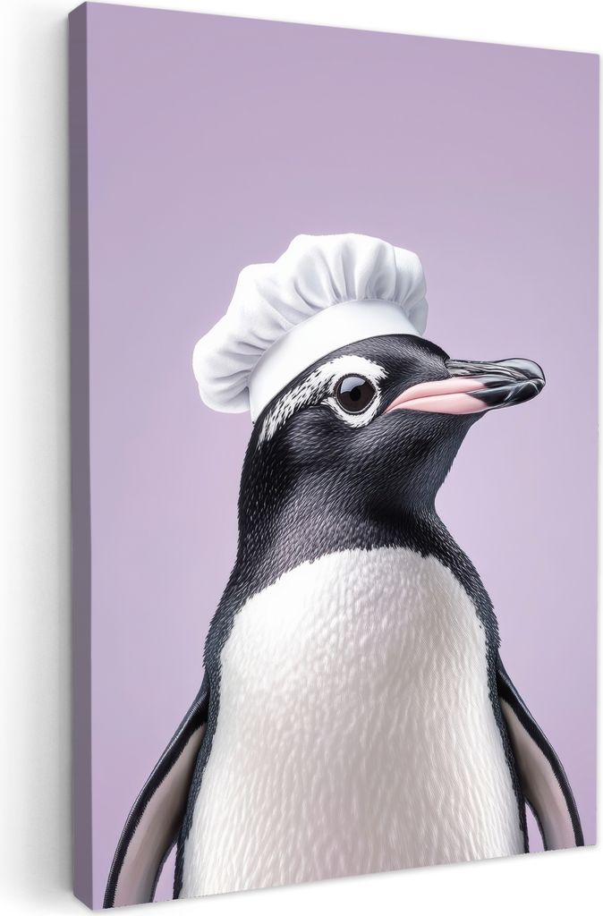 Wanddeko 80x120 cm - Vogel - Kochmütze - Pinguin - Lila, Leinwand Bilder, Wanddeko, Gemälde
