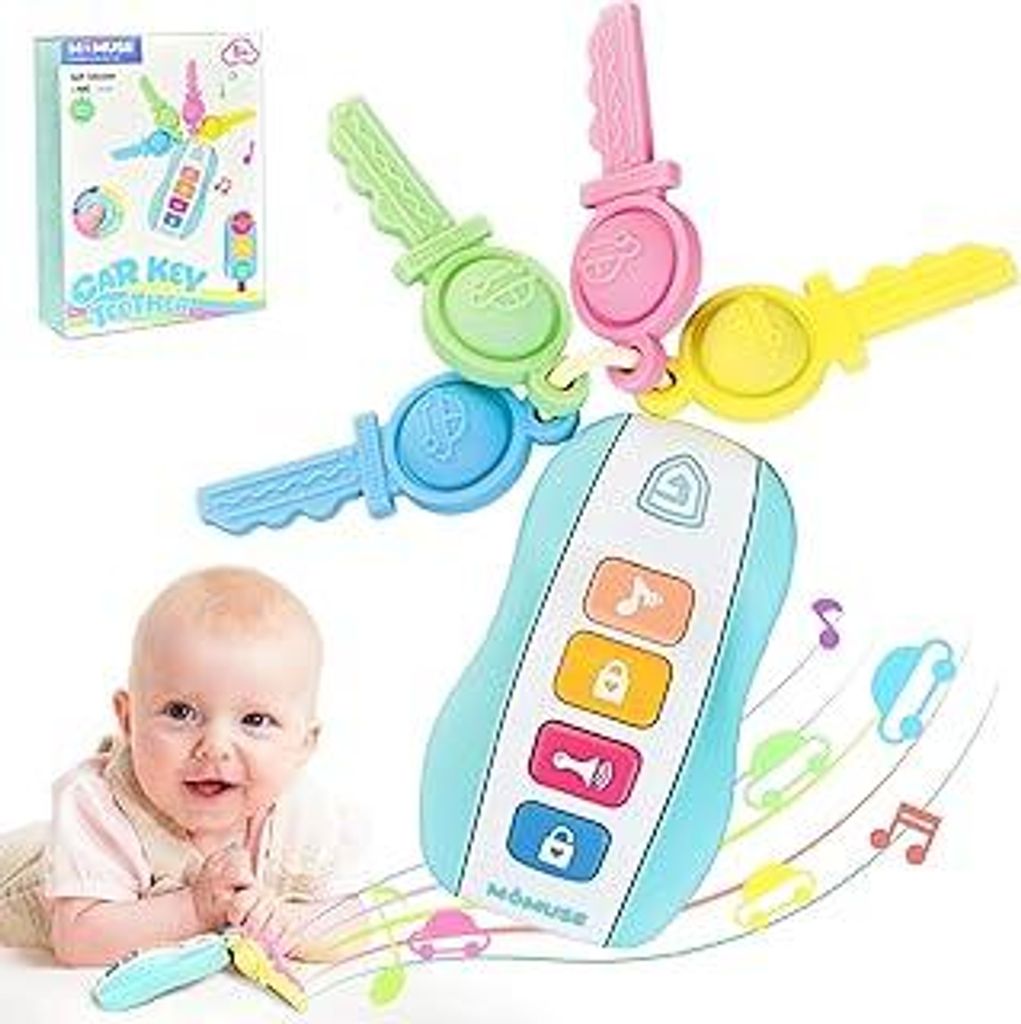 MOMUSE Beißring Baby, Beißspielzeug mit Autoschlüssel, Baby Spielzeug 1 Jahr, Spielzeug Schlüssel aus Silikon, Musikspielzeug für Neugeborene ...