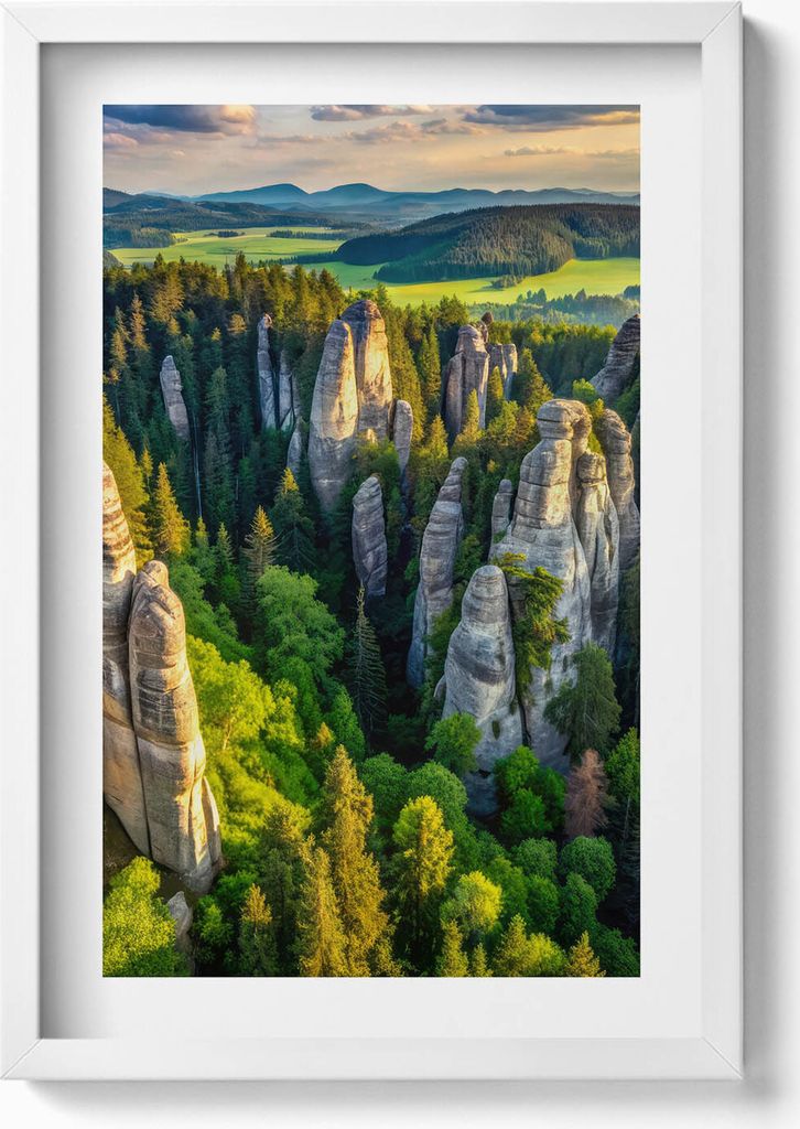 Ein Blick aus der Vogelperspektive auf eigenartige Berge und Wälder– Wandbild mit Rahmen – Gerahmtes Bild – Wanddekoration – 40x60 cm –...
