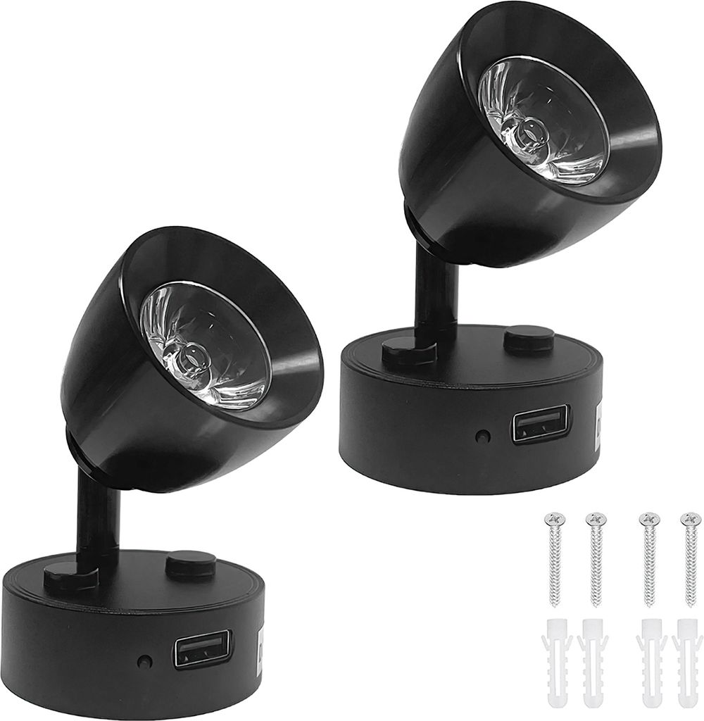 2x 12V LED Deckenstrahler Schwarz mit Touch Schalter & USB, 3 Lichtfarben - Spot Lampe für Wohnmobil, Wohnwagen, Boot, Camper