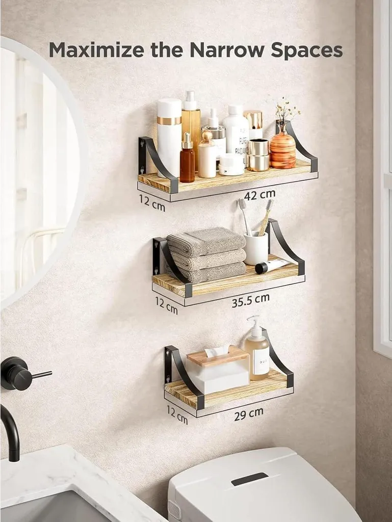 Étagères murales bois massif et métal, design rustique, pack de 3