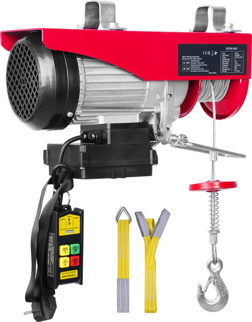 Elektrischer Flaschenzug von SucceBuy, 400 kg Tragkraft, 850 W, 220 V Stahlseilwinde mit kabelloser Fernbedienung, 12 m Hubhöhe, Motor aus reinem ...