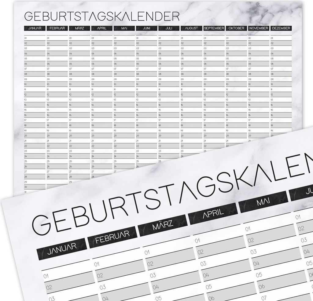 Geburtstagskalender mit Marmor-Optik I DIN A3 I jahresunabhängig I Dauerkalender neutral, modern, elegant I weiß grau schwarz I dv_492