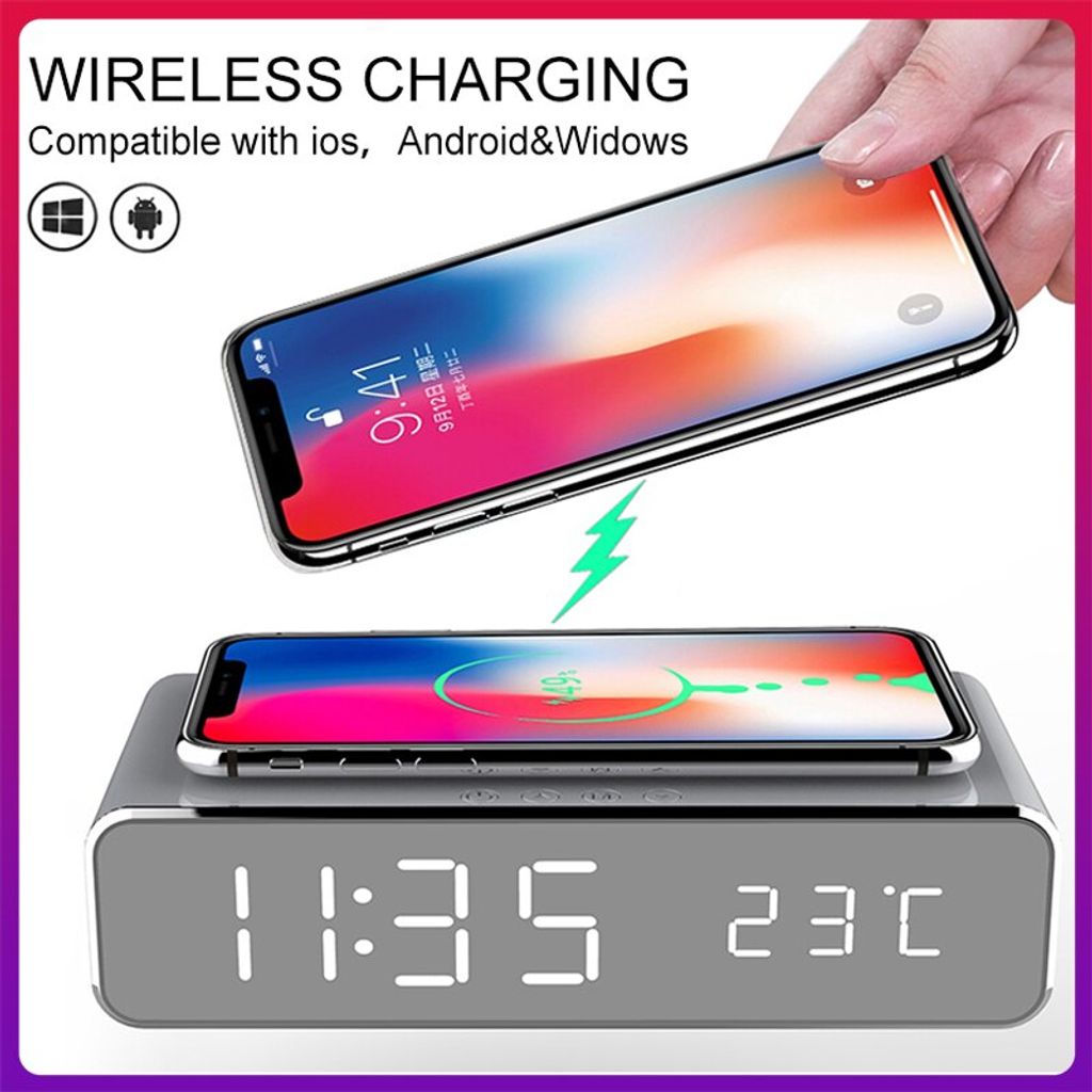ANTCOOL LED Wecker QI Wireless Charger für iPhone Samsung Huawei mit Digitalthermometer Datumsanzeige Elektronische Uhr