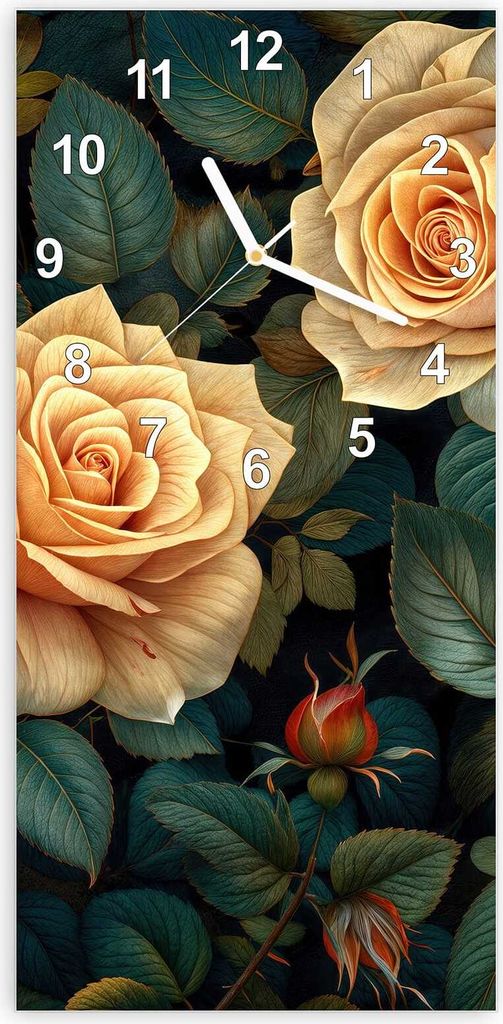 Wanduhr aus Glas mit Motiv Rosenmuster Blumen- 30 x 60 cm - inkl. Aufhängesystem