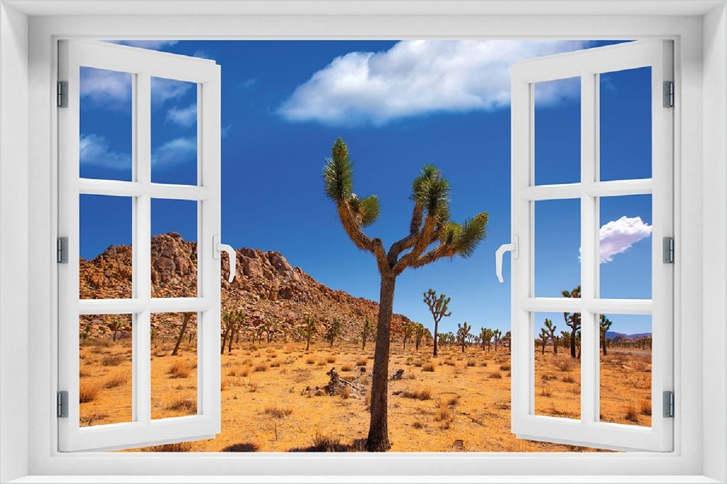Wallario selbstklebendes Poster mit Fenster-Illusion - Palmlilie im Nationalpark Yucca Valley Wüstenlandschaft, Größe: 100 x 150 cm