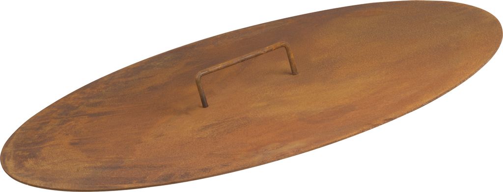 An oval-shaped, rusty metal lid with a U-shaped handle is shown against a white background.