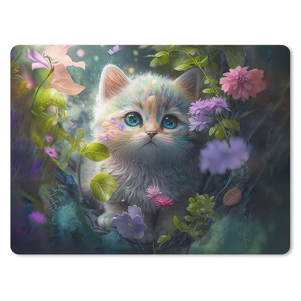 MuchoWow Mauspad Mousepad Kätzchen - Blumen - Wald - Illustration - Katze 40x30 cm - Mousepads - Maus Mat - Pad - Mausunterlage - Anti Rutsch