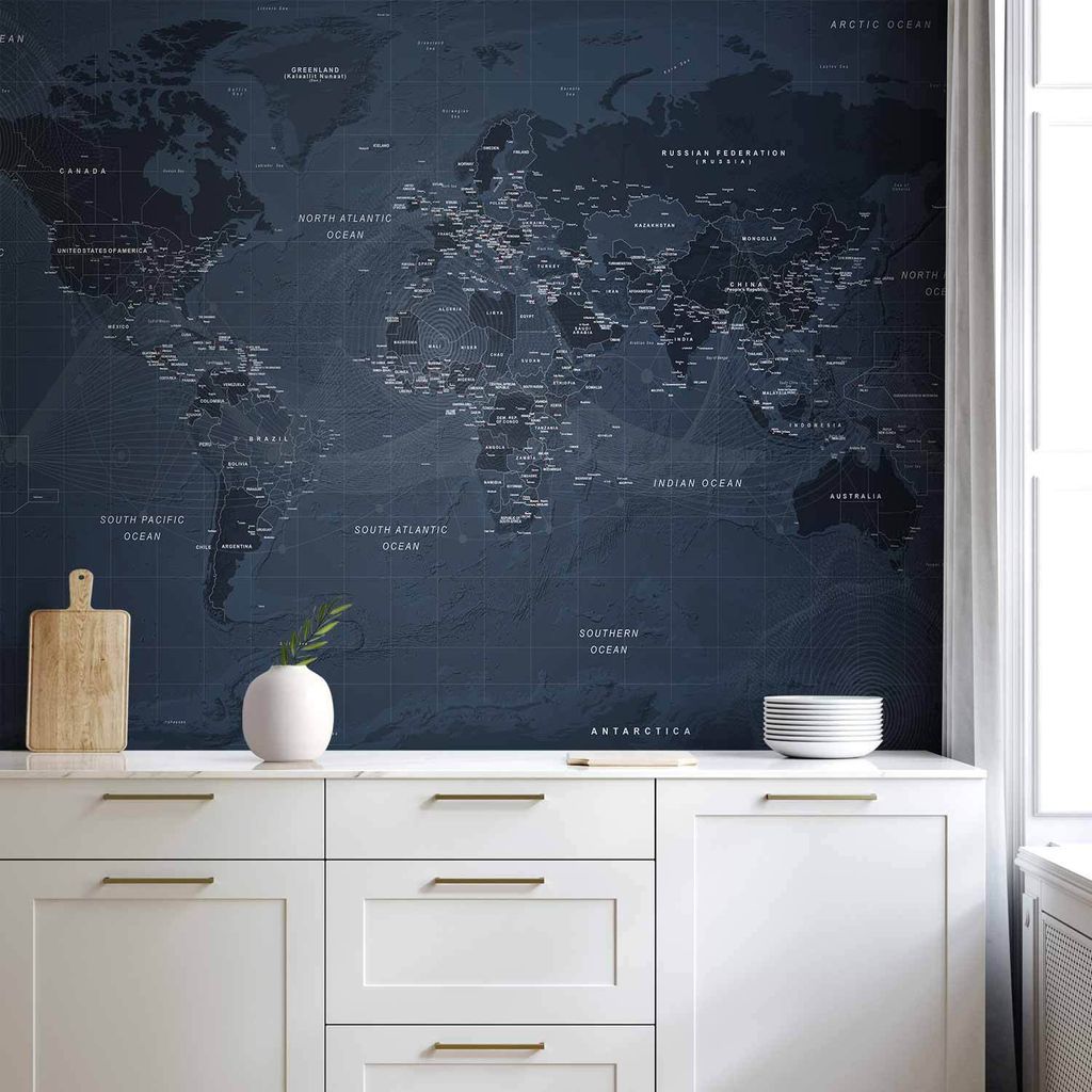 Vlies Fototapete - World map in blue - continents with inscriptions in English 350x245 cm Karten k-A-0123-a-a