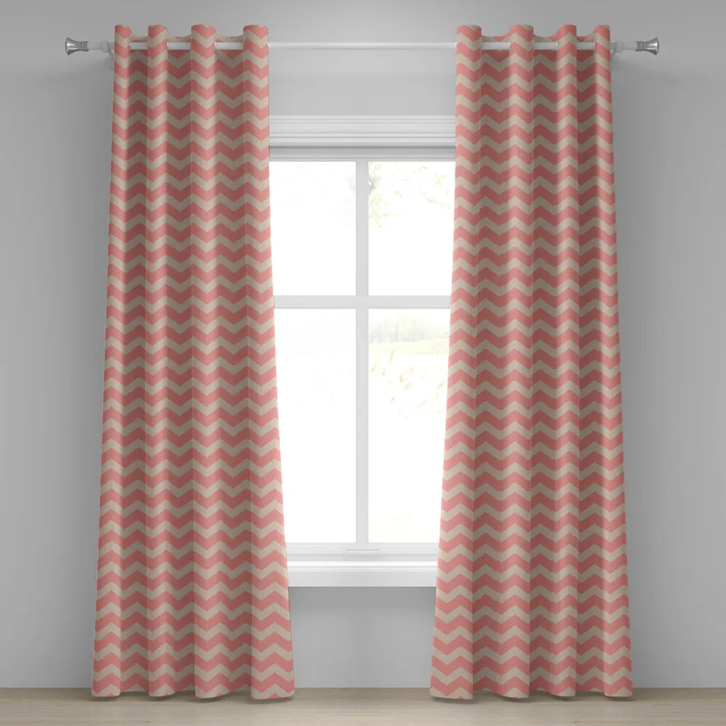 ABAKUHAUS Tenda con occhielli color pesca, motivo geometrico a zig zag, colori tenui, stile vintage, grafica astratta, tende decorative a 2 pannelli, 280 cm x 245 cm, color pesca corallo