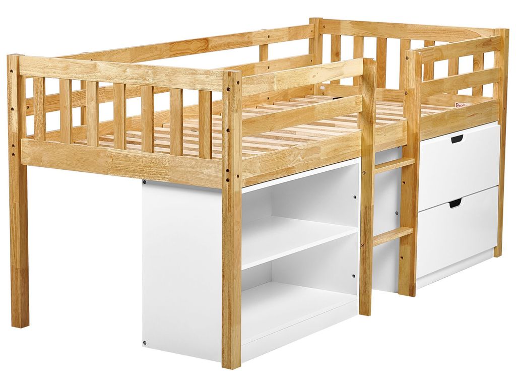 BELIANI Kinderbett Hellbraun u. Weiß Gummibaumholz mit Lattenrost 90x200 cm Schubladen Regalsystem Modern Kinderzimmer Jugendbett Einzelbett Hochbett