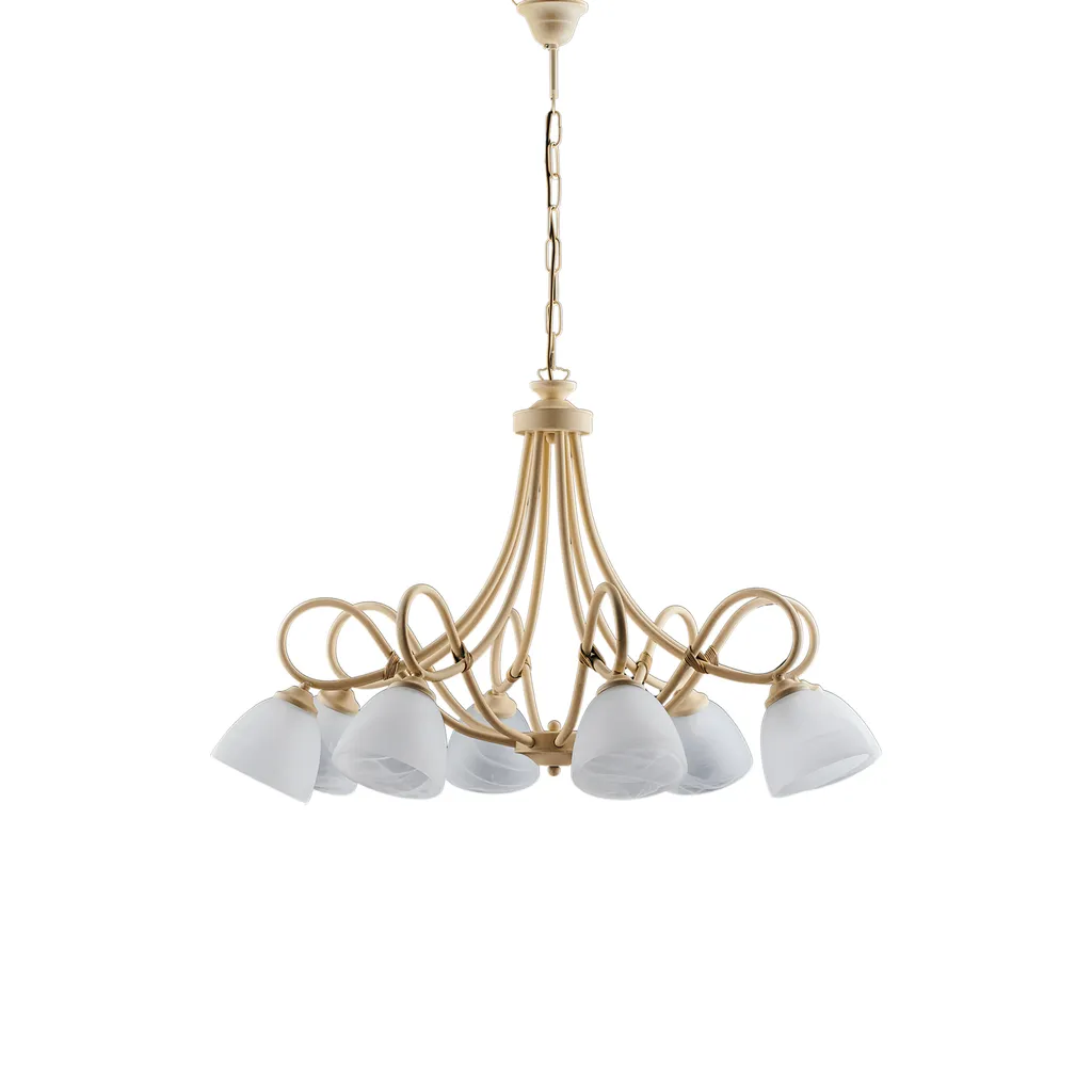 Lustre Dallas ivoire effet décapé et or antique à 8 lumières élégantes