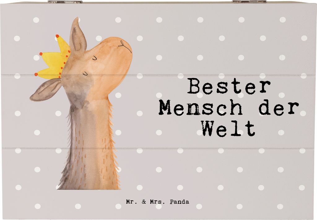Mr. & Mrs. Panda Holztruhe Lama Bester Mensch der Welt 22 x 15 cm - Grau Pastell - Geschenk, Liebe, Vorbild, schatztruhe, fotobox, Erinnerungsbox, ...