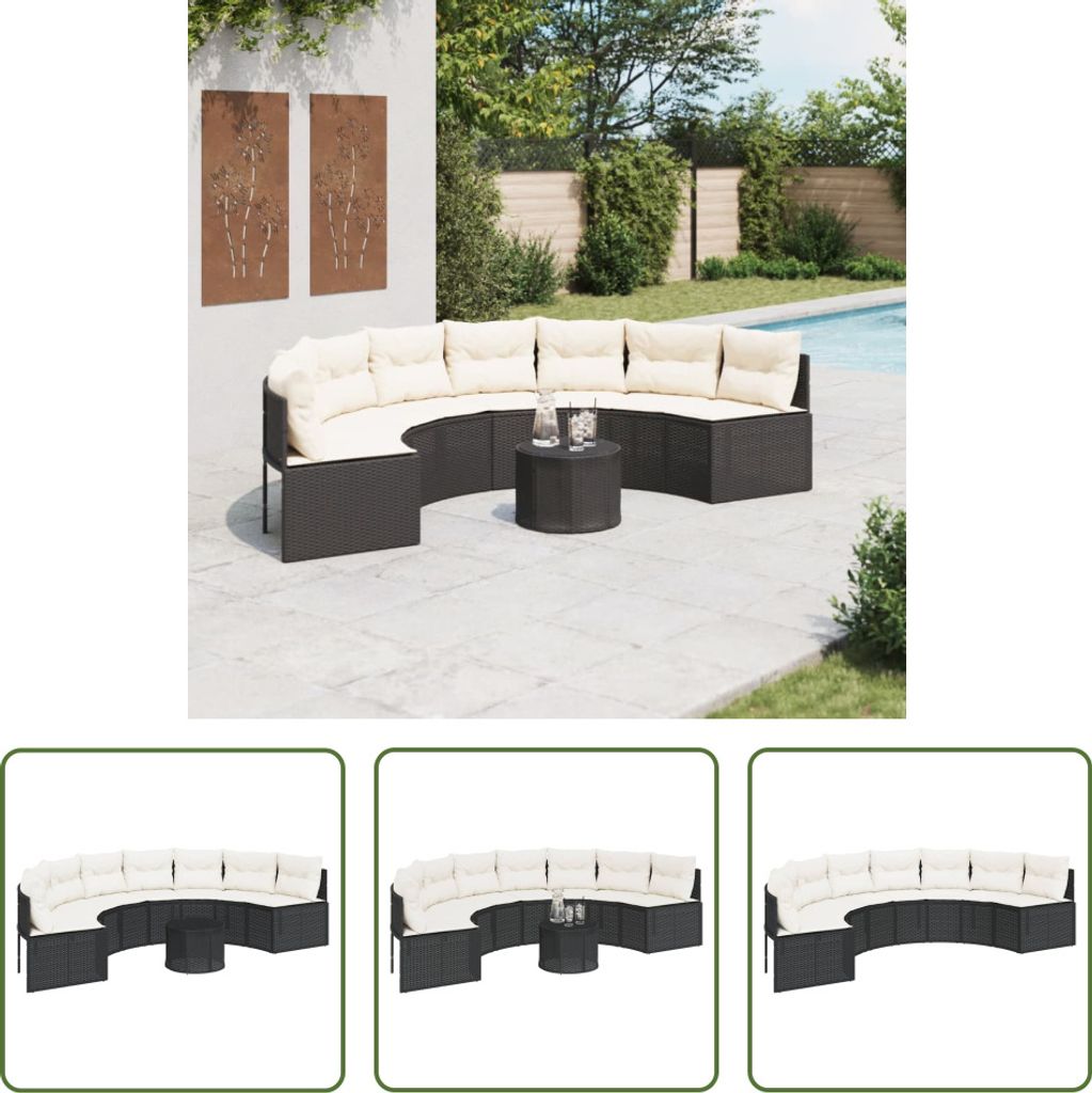 The Living Store Gartensofa mit Tisch und Kissen Halbrund Schwarz Poly-Rattan