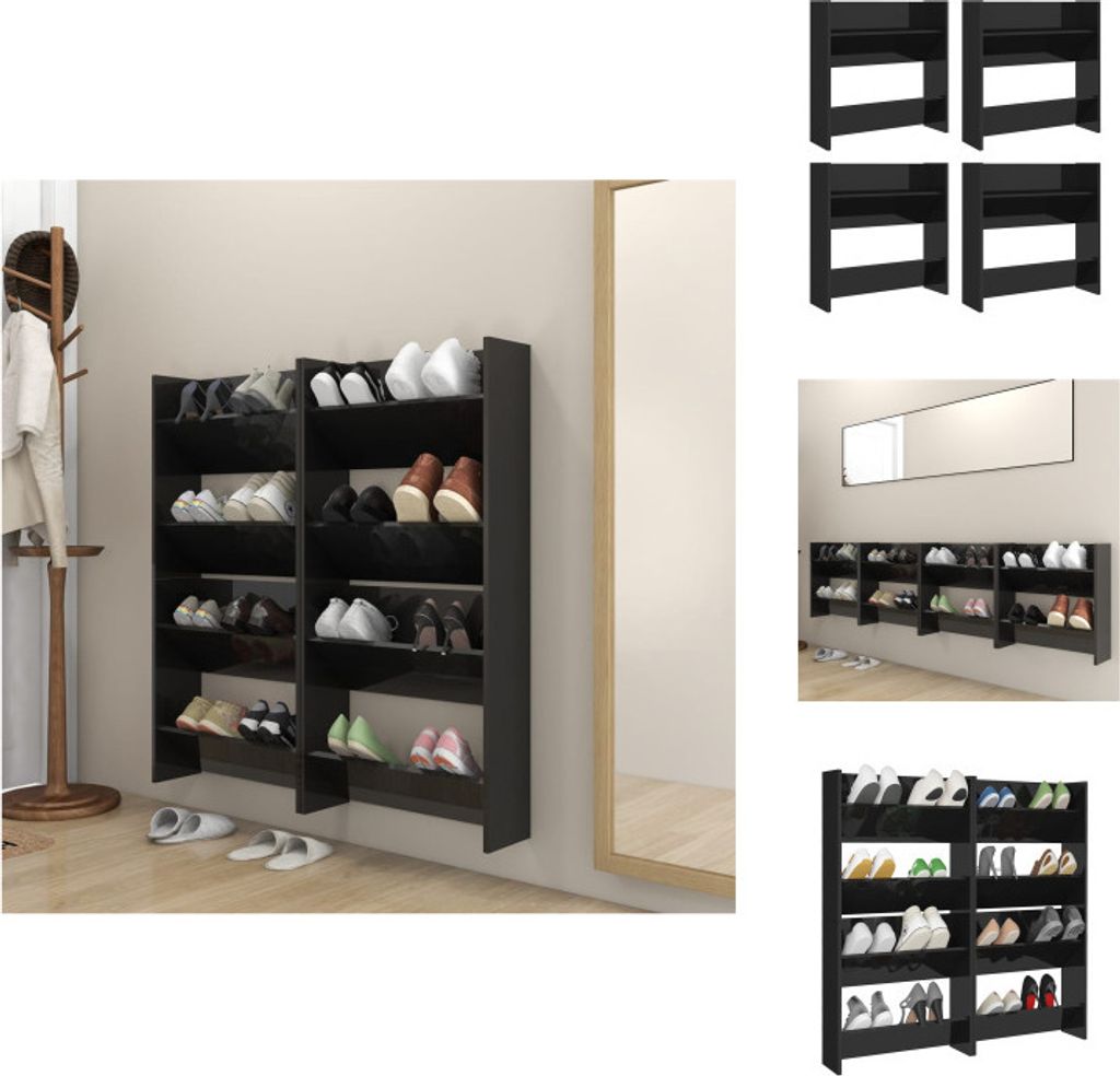 vidaXL Wand-Schuhschränke 4 Stk. Hochglanz-Schwarz 60x18x60 cm - Schuhregale & -schränke