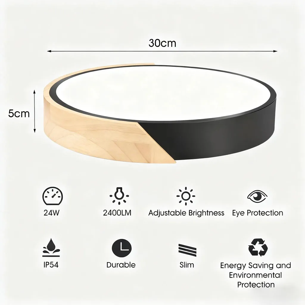 Plafonnier LED Blanc Chaud 24W - Luminaire Bois et Noir Ultra Plat