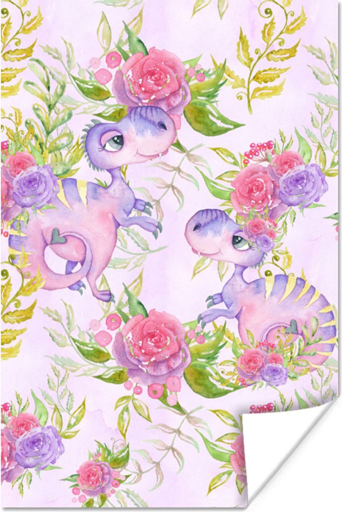 MuchoWow Poster Dinosaurier - Blumen - Kinderzimmer - Mädchen - Rosa - Kinder 120x180 cm - Kunstposter