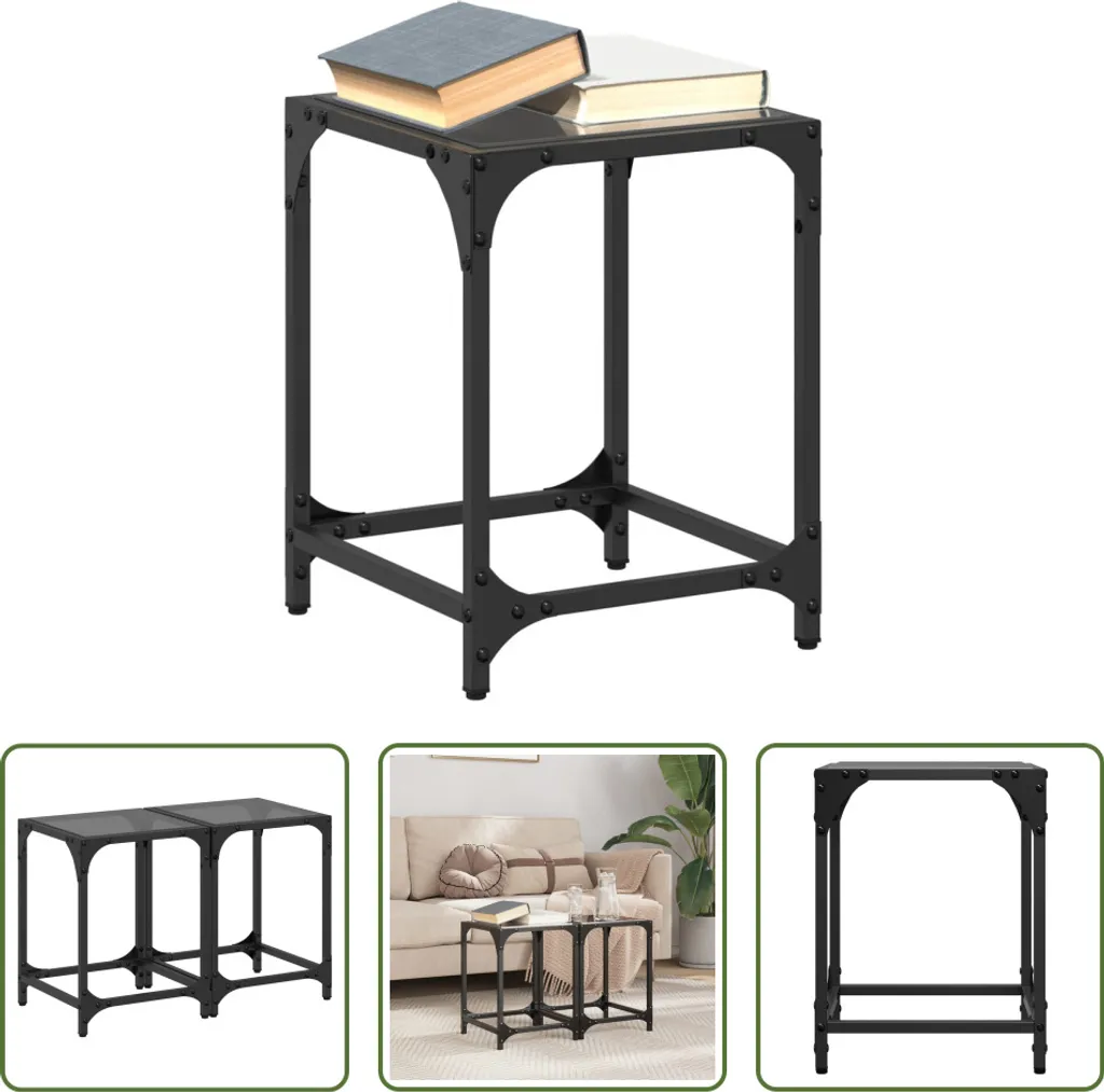 Set 2 Tavolini 30x30x40 Vetro Nero Acciaio - The Living Store Official