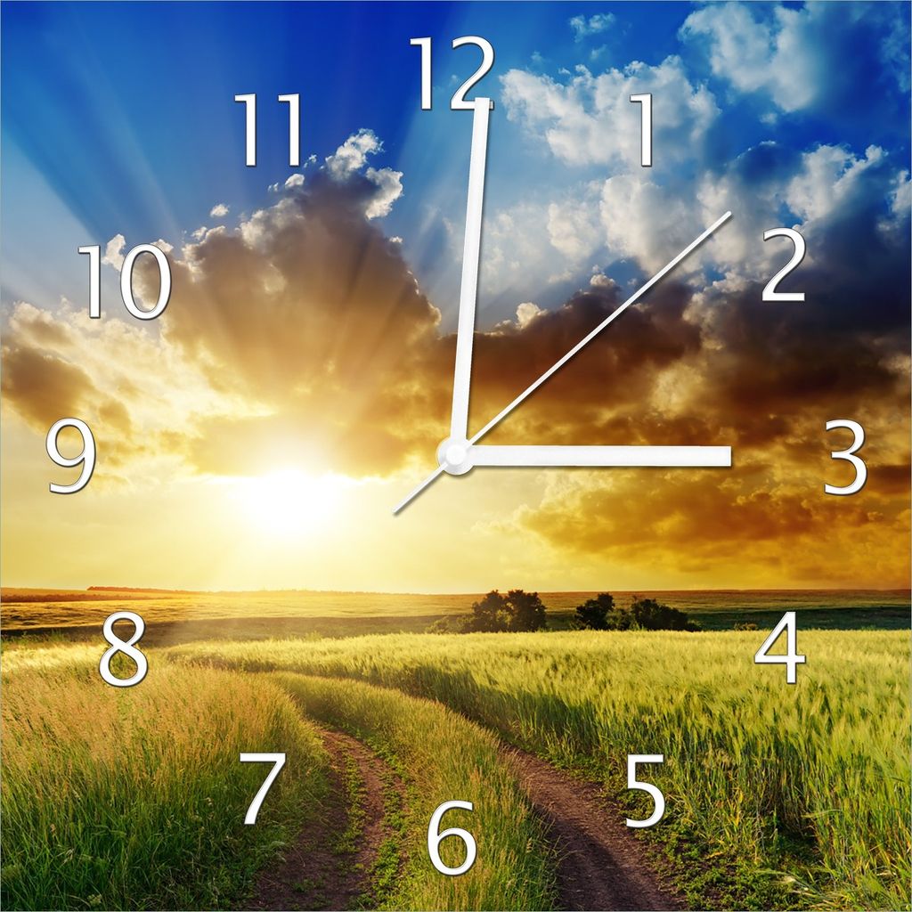 Wallario Design Wanduhr Feldweg in den Sonnenuntergang aus Echtglas, Größe 30 x 30 cm