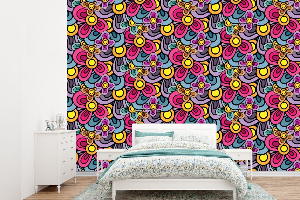 MuchoWow Fototapete für Wohnzimmer oder Schlafzimmer Wandtapete Vinyl Motivtapete Diagramm - Hippie - Blumen - Lila - 415x300 cm - Küche