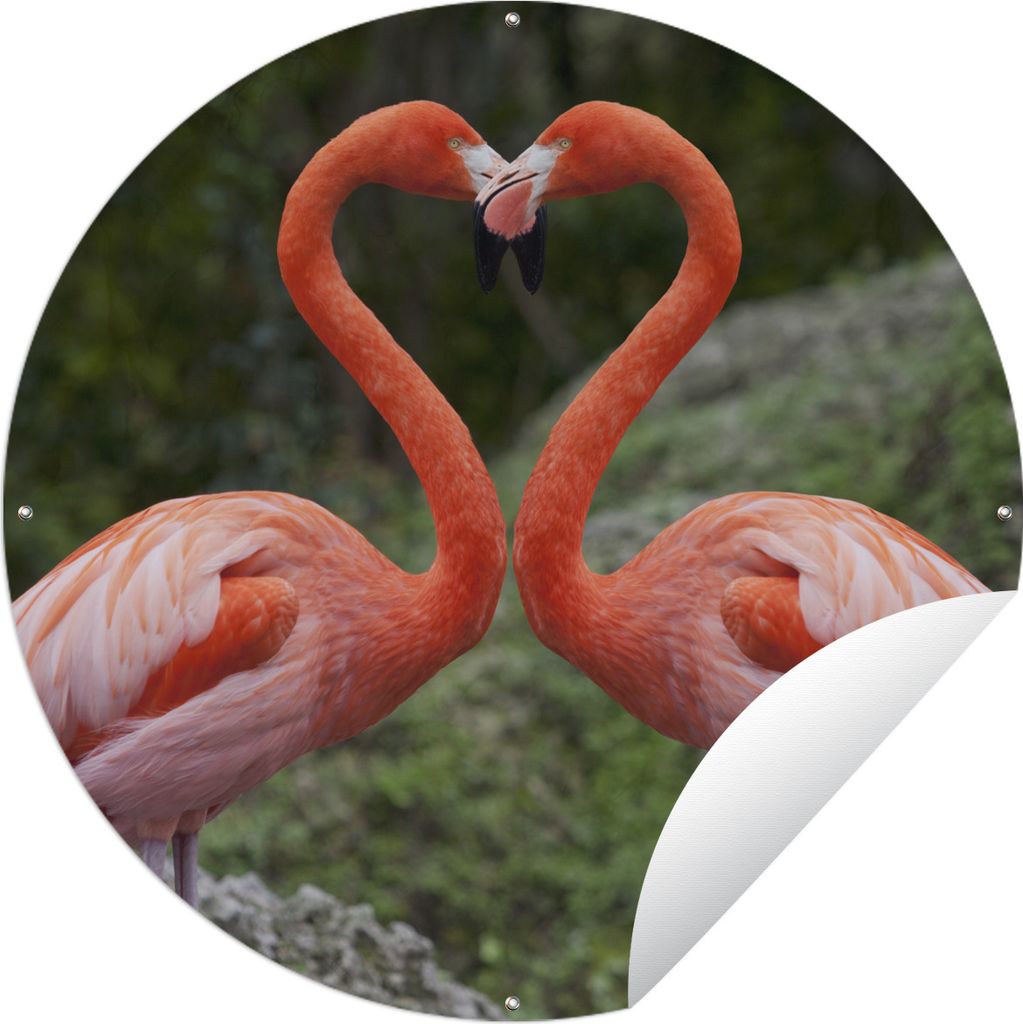 MuchoWow Gartenposter Outdoor-Poster Rund Zwei Flamingos bilden ein Herz Ø 90 cm Gartendeko Rundes Poster draußen