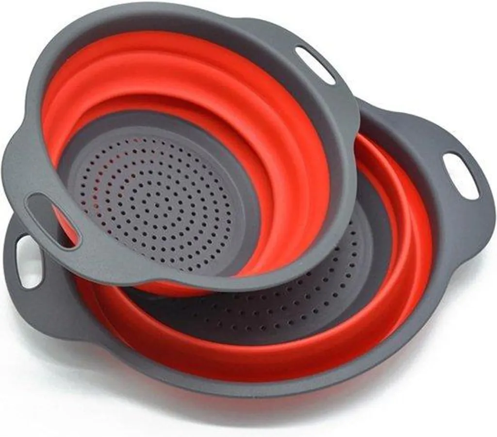 Passoire silicone rouge pliable gain de place avec poignées robustes