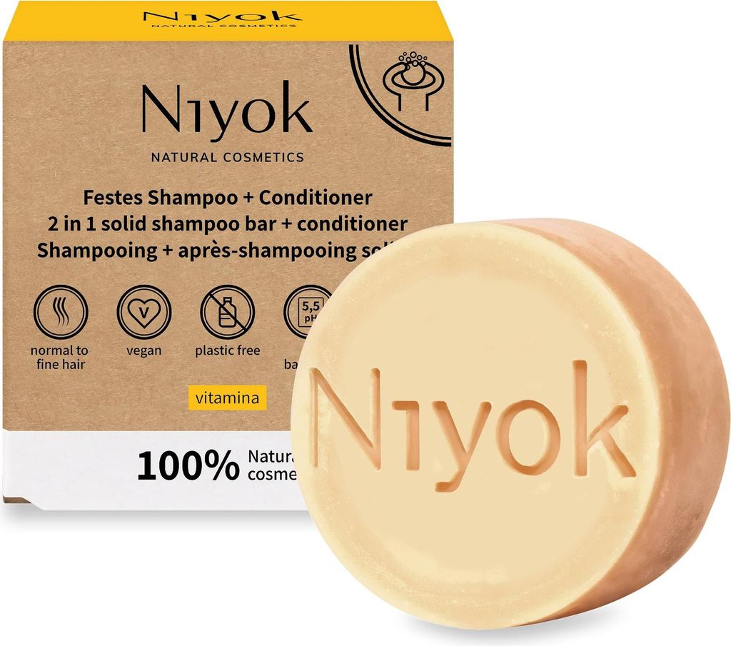 Niyok 2-in-1 Festes Shampoo + Conditioner "Vitamina" (80g), Vegane Haarseife, Nachhaltiges Shampoo & Spülung, Haarshampoo & Haarspülung, Plastikfrei