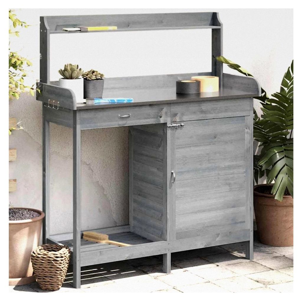 Pflanztisch mit Schrank Grau 110,5x45x124,5 cm aus massivem Tannenholz