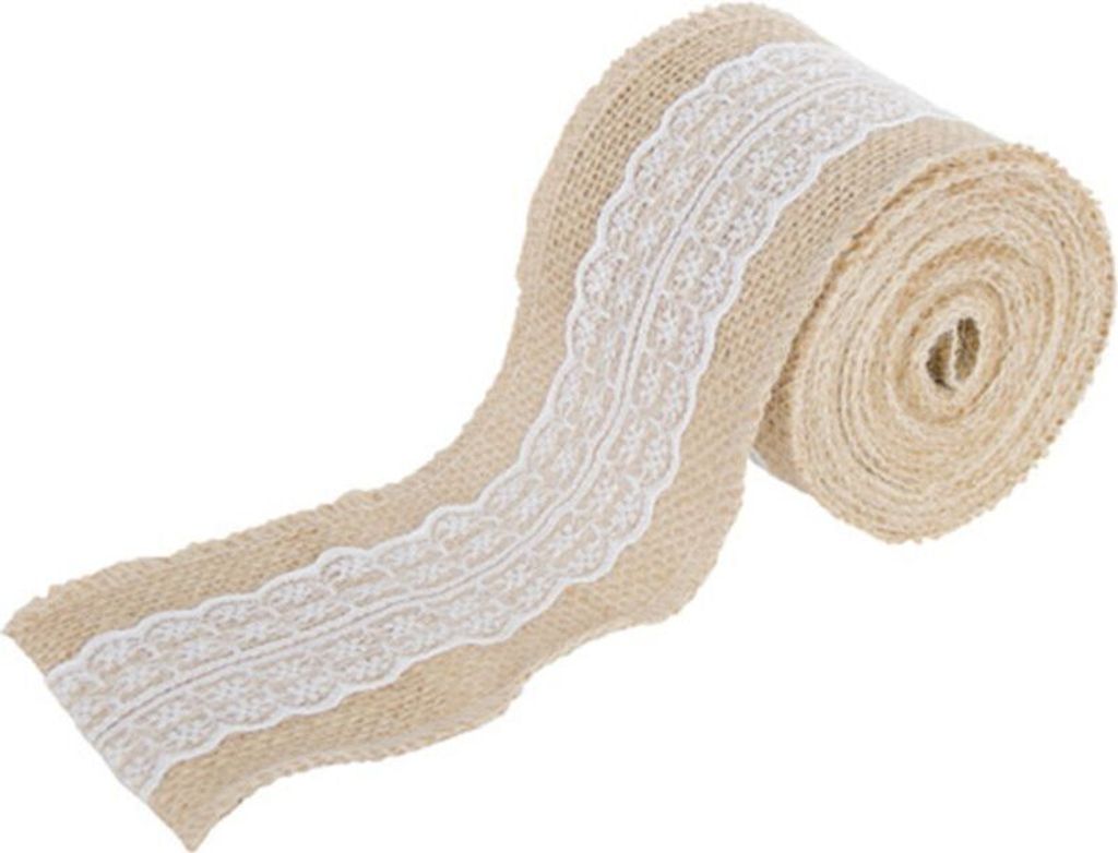 Juteband mit weißer Spitze Deko Hochzeit Geburtstag 5 m x 8 cm