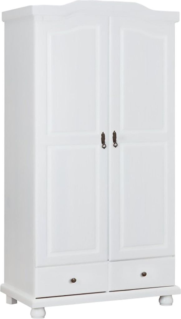 Zweitüriger Kleiderschrank mit zwei Schubladen in Kiefer massiv, Farbe weiß, 104 x 200 x 56 cm.