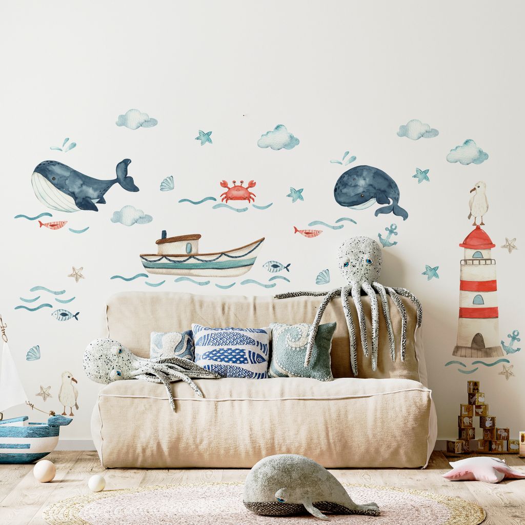 Muralo Wandtattoo Wandsticker für Kinder MEERESTIERE Muscheln Wolken Leuchtturm Aufkleber Br. 120cm x Hö. 60cm