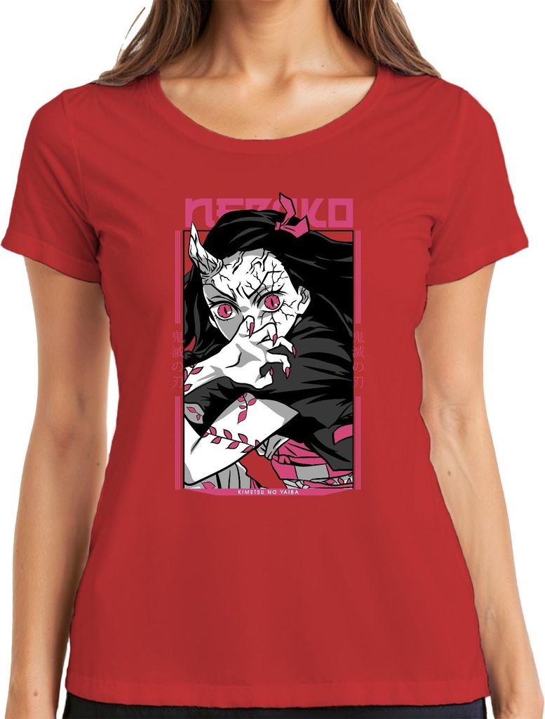 Nezuko Dämonenmädchen Hörner rosa Augen Krallen Anime Geschenk Damen T-Shirt, Rot, XL