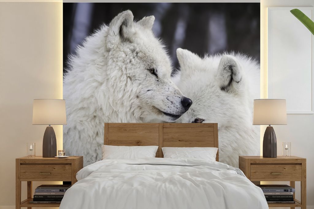 MuchoWow Fototapete für Wohnzimmer oder Schlafzimmer Wandtapete Vinyl Motivtapete Wölfe - Schnee - Familie - 280x280 cm - Hintergrundbild