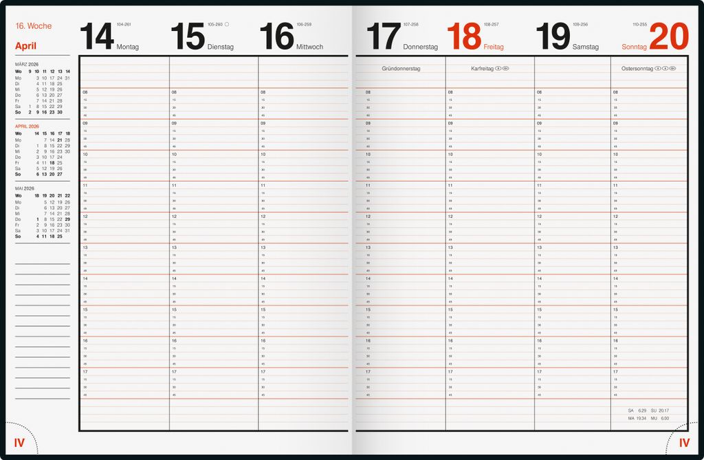 An open planner showing a weekly view with dates and times.