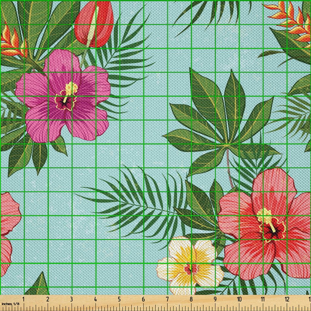 ABAKUHAUS Hawaii Satin Stoff als Meterware, Blühende Hibiskus-Blume mit Farn-Laub-Schmutz-Effekt Retro Natur-Muster, 5 M (148 x 500 cm), Mehrfarbig