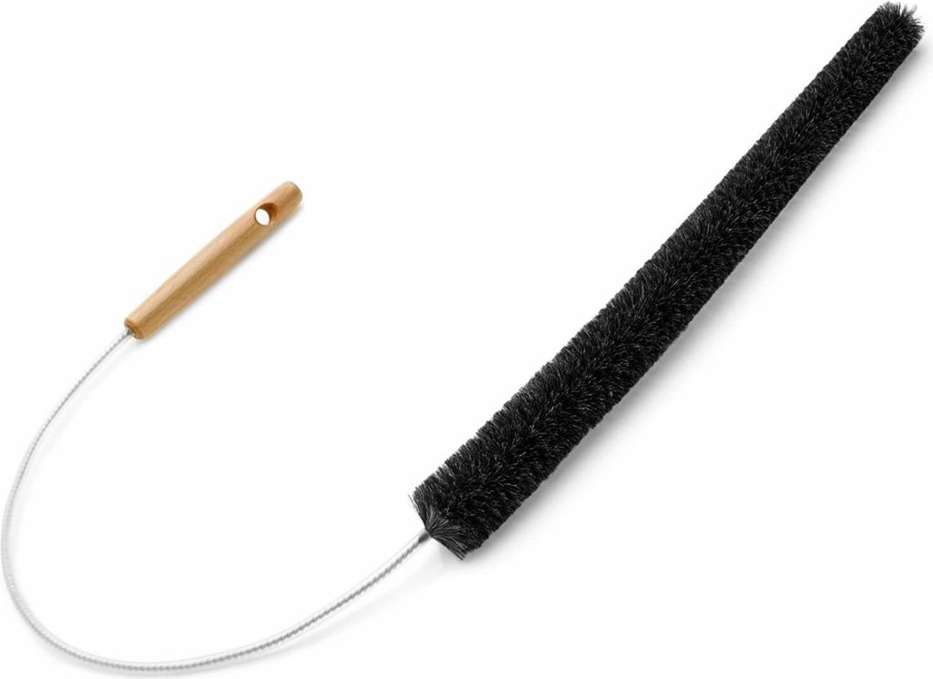 A cleaning brush with a wooden handle and black bristles, isolated on a white background.