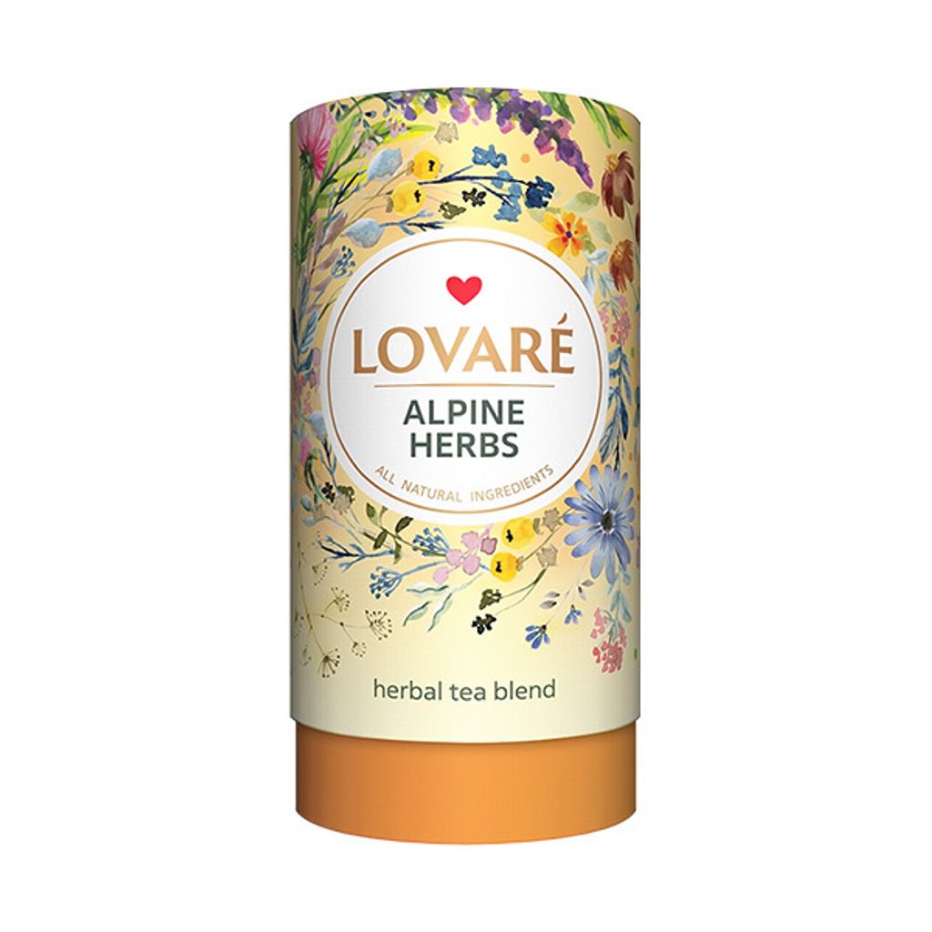 A cylindrical container of herbal tea with a floral design.